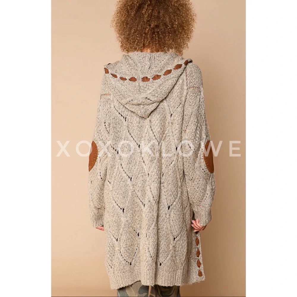 1 L POL Hooded Cardigan Open Front Diamond Weave Faux Suede Detail - Picture 12 of 13